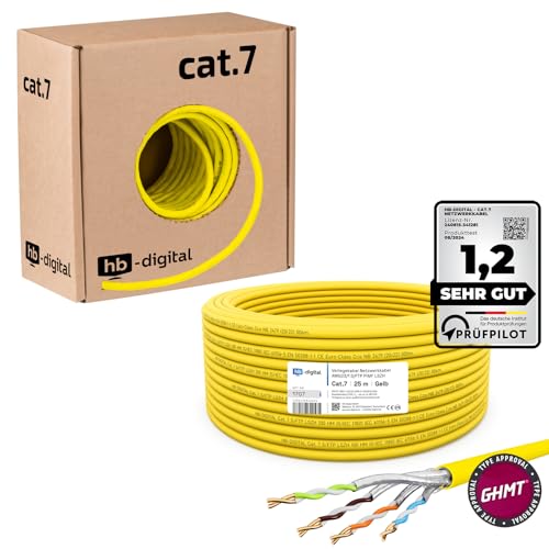 HB-DIGITAL 25m CAT.7 Netzwerkkabel LAN Kabel Verlegekabel AWG 23 Reines Kupfer S/FTP PiMF LSZH Halogenfrei RoHS-Compliant Ethernet Installationskabel Datenkabel PoE 10Gbit/s GHMT Zertifiziert Gelb von HB-DIGITAL