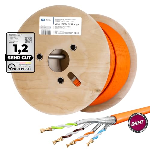 hb-digital 1000m CAT.7 Netzwerkkabel LAN Kabel Verlegekabel AWG 23 Reines Kupfer S/FTP PiMF LSZH Halogenfrei RoHS Compliant Ethernet Installationskabel Datenkabel PoE 10Gbit/s GHMT Zertifiziert Orange von HB-DIGITAL