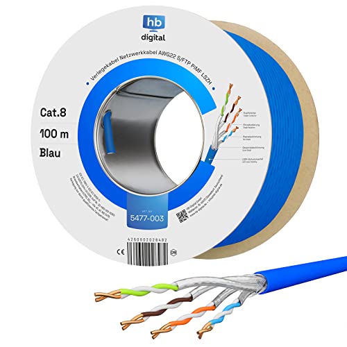 hb-digital 100m CAT 8.1 Netzwerkkabel Verlegekabel Installationskabel Datenkabel Ethernet LAN Kabel CAT 8 bis zu 40 Gbit/s Kupfer S/FTP 2000MHz PiMF LSZH Halogenfrei AWG 22/1 blau von HB-DIGITAL