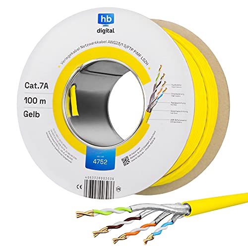 HB-DIGITAL 100m CAT.7a Netzwerkkabel LAN Kabel Verlegekabel AWG 23 Reines Kupfer S/FTP PiMF LSZH Halogenfrei RoHS-Compliant Ethernet Installationskabel Datenkabel PoE 10Gbit/s max. 1200MHz Gelb von HB-DIGITAL