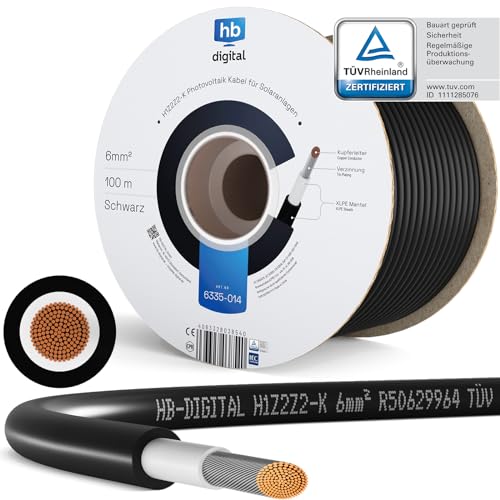 HB-DIGITAL 100m Solarkabel H1Z2Z2-K - TÜV Rheinland zertifiziertes - 6mm² flexibel UV witterungsbeständig PV Kabel reines Kupfer 1500V DC für Solarpanel Wechselrichter Photovoltaik - Schwarz von HB-DIGITAL