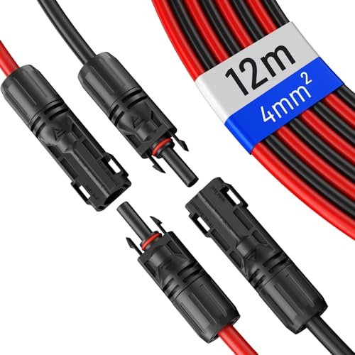 hb-digital 2x 12m 4mm² Solarkabel Verlängerungskabel Kabelpaar für Photovoltaik Anlagen H1Z2Z2-K mit 1500V Solarstecker Solar Modul Verbindungskabel flexibel witterungsbeständig IP68 - Rot & Schwarz von HB-DIGITAL