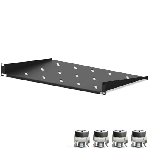 hb-digital 19 Zoll Fachboden 1HE für Netzwerkschrank Serverschrank 19“ Rackrahmen Profilschienen mit Kanten Schwerlast Stahlblech einfache Installation Tiefe 270mm Schwarz von HB-DIGITAL
