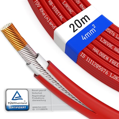 HB-DIGITAL 20m Solarkabel H1Z2Z2-K TÜV-zertifiziert 4mm2 UV-beständig flexibel PV Kabel Reines Kupfer 1500V Verlängerungskabel Photovoltaik für Solarpanel Solarmodule Wechselrichter Laderegler rot HB-DIGITAL 20m Solarkabel H1Z2Z2-K TÜV-zertifiziert 4mm2 UV-beständig flexibel PV Kabel Reines Kupfer 1500V Verlängerungskabel Photovoltaik für Solarpanel Solarmodule Wechselrichter Laderegler rot von HB-DIGITAL