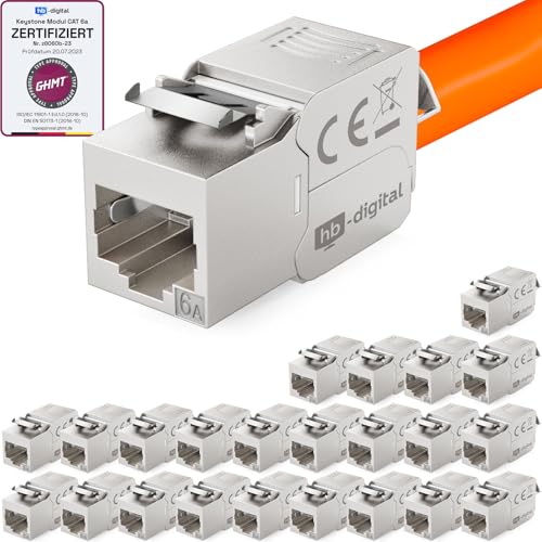 hb-digital 24x CAT 6a Keystone RJ45 Modul Buchse für LAN Kabel - GHMT Zertifiziert - 10 Gbit/s bis 500 MHz AWG 22-24 werkzeuglos LSA vollgeschirmt STP Einbaubuchse für Patchpanel und Netzwerkdose von HB-DIGITAL