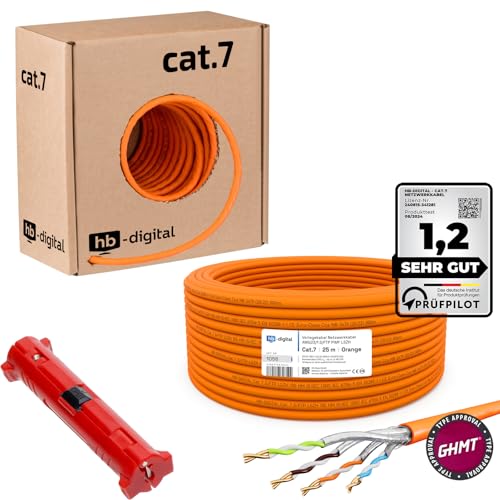 HB-DIGITAL 25m CAT.7 Netzwerkkabel LAN Kabel Verlegekabel AWG 23 Reines Kupfer S/FTP PiMF LSZH RoHS-Compliant Ethernet Installationskabel PoE 10Gbit/s mit Abisolierer + GHMT Zertifiziert - Orange von HB-DIGITAL