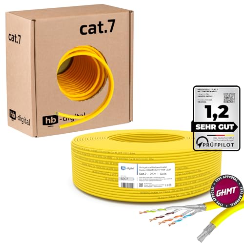 HB-DIGITAL 25m Netzwerkkabel LAN Duplex Verlegekabel Cabel cat.7 max. 1000MHz Reines Kupfer S/FTP PIMF LSZH Halogenfrei gelb RoHS-Compliant AWG23 (2 verbundene Strängen) GHMT Zertifiziert von HB-DIGITAL