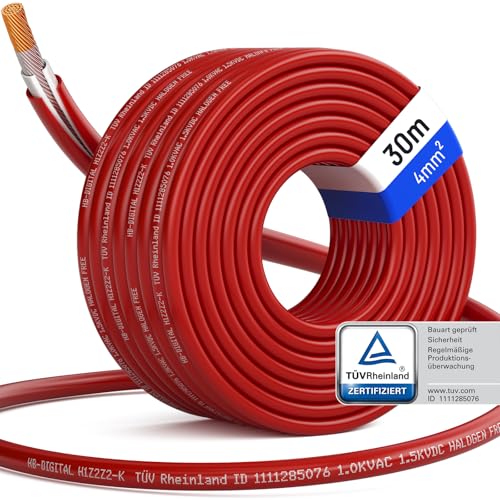 hb-digital 30m Solarkabel H1Z2Z2-K - TÜV Rheinland zertifiziertes - 4mm² flexibel UV witterungsbeständig PV Kabel reines Kupfer 1500V DC für Solarpanel Wechselrichter Photovoltaik - Rot von HB-DIGITAL