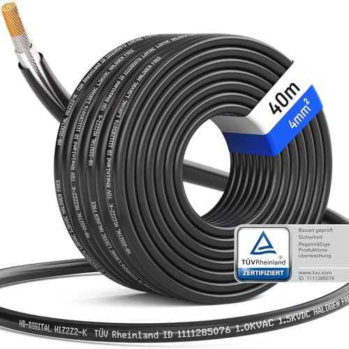 hb-digital 40m Solarkabel H1Z2Z2-K TÜV-zertifiziert 4mm2 UV-beständig flexibel PV Kabel Reines Kupfer 1500V Verlängerungskabel Photovoltaik für Solarpanel Wechselrichter Laderegler schwarz von HB-DIGITAL