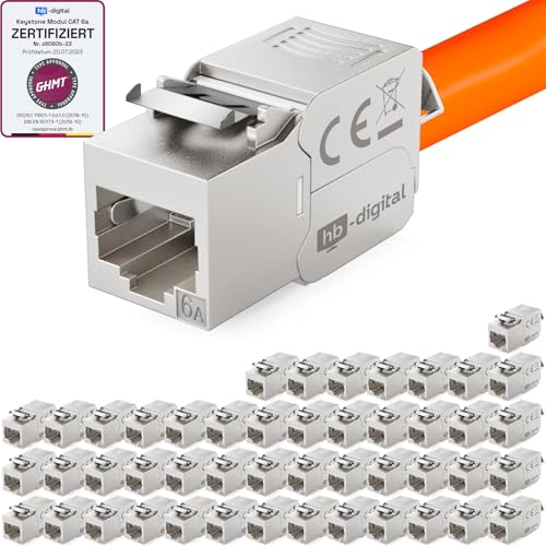 hb-digital 48x CAT 6a Keystone RJ45 Modul Buchse für LAN Kabel - GHMT Zertifiziert - 10 Gbit/s bis 500 MHz AWG 22-24 werkzeuglos LSA vollgeschirmt STP Einbaubuchse für Patchpanel und Netzwerkdose von HB-DIGITAL