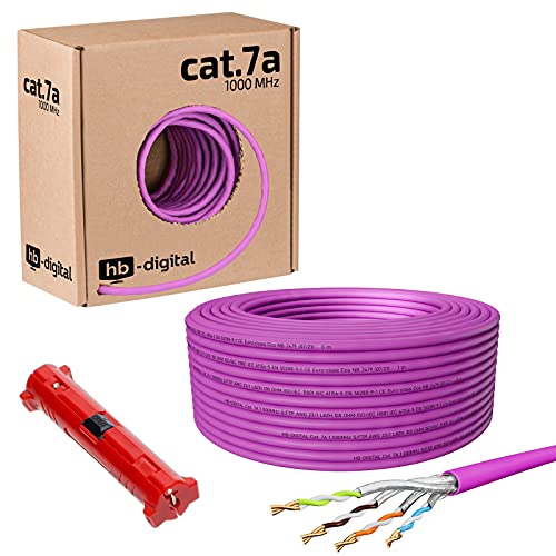 HB-DIGITAL 50m CAT.7a Netzwerkkabel Lila Verlegekabel Ethernet LAN AWG23 Reines Kupfer S/FTP PiMF LSZH Halogenfrei RoHS-Compliant Installation Datenkabel PoE 10Gbit/s max. 1200MHz + Abisolierer von HB-DIGITAL