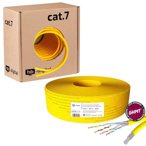 HB-DIGITAL 50m Netzwerkkabel LAN Duplex Verlegekabel Cabel cat.7 max. 1000MHz Reines Kupfer S/FTP PIMF LSZH Halogenfrei gelb RoHS-Compliant AWG23 (2 verbundene Strängen) GHMT Zertifiziert von HB-DIGITAL