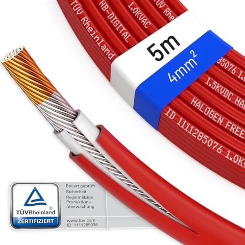 hb-digital 5m Solarkabel 4mm² H1Z2Z2-K TÜV Rheinland geprüft UV-beständig flexibel PV Kabel Reines Kupfer 1500V Verlängerungskabel Photovoltaik für Solarpanel Laderegler rot von HB-DIGITAL