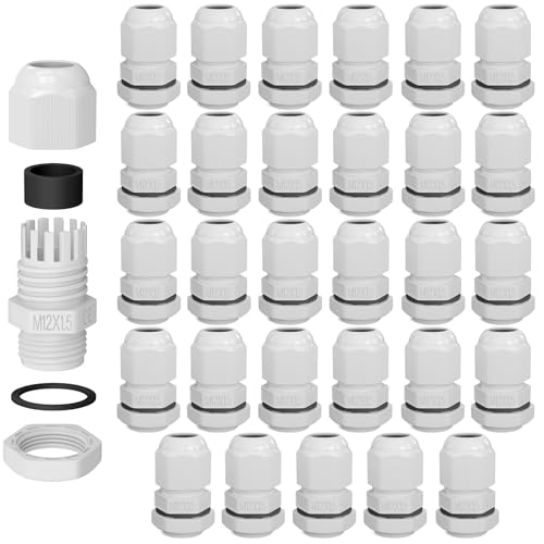 hb-digital 30х Kabelverschraubung M12 für 3-6,5mm Kabeldurchmesser IP68 staub- & wasserdicht mit Gummidichtung Gegenmutter Klemmlamellen Stopfbuchse Isolation Kabeleinführung - Weiss von HB-DIGITAL