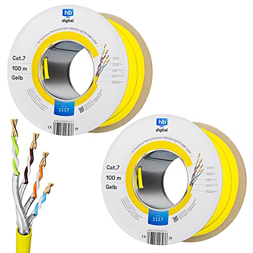 HB-DIGITAL SET 200m CAT.7 Netzwerkkabel (2 x 100Meter) LAN Verlegekabel AWG23 Installationskabel Reines Kupfer S/FTP LSZH Halogenfrei RoHS-Compliant Ethernet PoE 10Gbit/s GHMT Zertifiziert Gelb von HB-DIGITAL