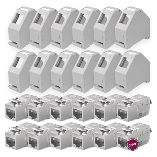 hb-digital SET: 12x Cat.6a Keystone Modul RJ45 + 12x Hutschienenadapter Keystone-Halterung für Hutschiene 35mm Standard | RJ35-Jack geschirmt werkzeuglose Montage Ethernet LAN Netzwerk STP LSA von HB-DIGITAL