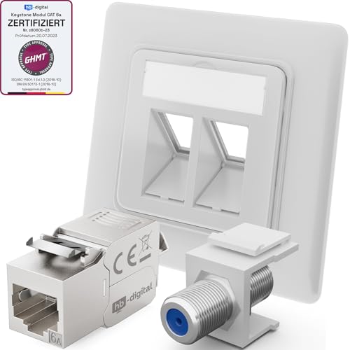 hb-digital 1x Anschlussdose Netzwerkdose LAN Dose Unterputz mit RJ45 Keystone Modul CAT 6a und vernickelt F-Verbinder Keystone F-Buchse Keystone-Halterung Adapter - Signalweiss von HB-DIGITAL