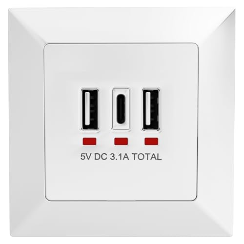 hb-digital Wandsteckdose 2x USB-A 1x USB-C Ports 15,5 W Einbausteckdose Steckdosenleiste Energieeffizienz 82,8% Ladegerät USB Steckdose Steckdosenadapter Einbautiefe 32 mm für Innenbereich von HB-DIGITAL