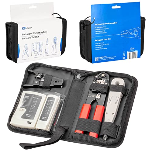 hb-digital Werkzeug Set für Netzwerkinstallation - mit Tasche 4-teilig: LSA Auflegewerkzeug, modulare Crimpzange, Abisolierer, Kabeltester - Ethernet (RJ45) Telefon (RJ11) Western (RJ12) von HB-DIGITAL