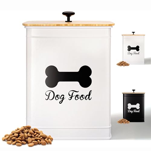 Hundefutterbehälter 4,5 kg - 25 Tassen Luftdicht Hundefutter Vorratsbehälter mit Bambusdeckel - Metall Hundefutter Vorratsbehälter Niedlich - Hundefutterbehälter Weiß - Hundefutterhalter - Metall von HB Design Co.