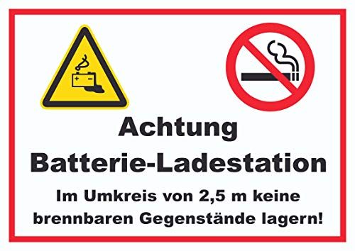 Achtung Batterie Ladestation Schild A4 Rückseite selbstklebend von HB-Druck