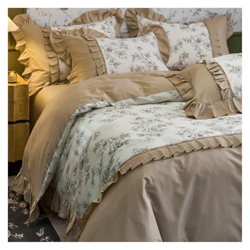 Bettwäsche mit Spitzenbesatz Bettbezug, Baumwolle Pastoral Blumendruck Rüschen Bettwäsche Set Multicolor King Queen Size Packung mit 4(Black2,Queen Flat Sheet 4pc) von HBALDTEDC