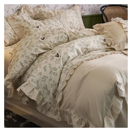 Bettwäsche mit Spitzenbesatz Bettbezug, Baumwolle Pastoral Blumendruck Rüschen Bettwäsche Set Multicolor King Queen Size Packung mit 4(Color-d,Queen Flat Sheet 4pc) von HBALDTEDC