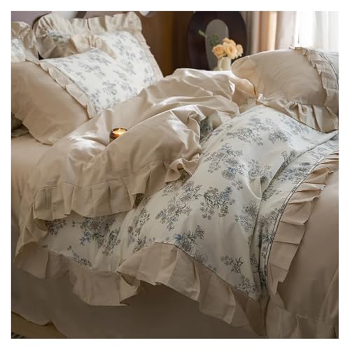 Bettwäsche mit Spitzenbesatz Bettbezug, Baumwolle Pastoral Blumendruck Rüschen Bettwäsche Set Multicolor King Queen Size Packung mit 4(Color-e,Fitted Sheet 1.8mBed) von HBALDTEDC