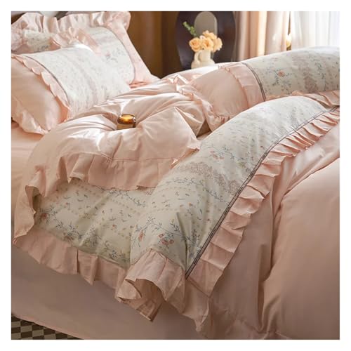 Bettwäsche mit Spitzenbesatz Bettbezug, Baumwolle Pastoral Blumendruck Rüschen Bettwäsche Set Multicolor King Queen Size Packung mit 4(Color-f,Fitted Sheet 1.8mBed) von HBALDTEDC