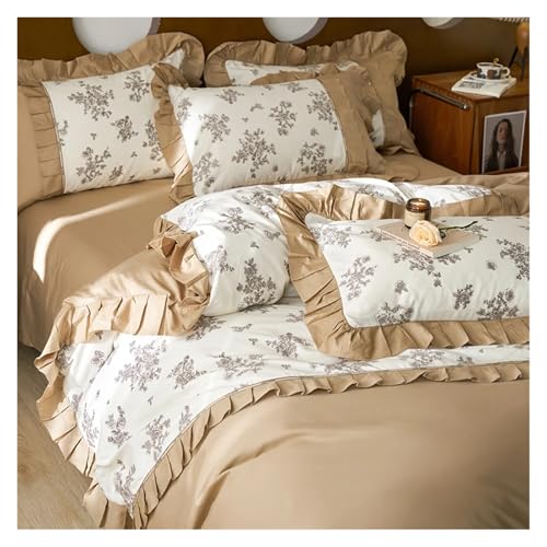 Bettwäsche mit Spitzenbesatz Bettbezug, Baumwolle Pastoral Blumendruck Rüschen Bettwäsche Set Multicolor King Queen Size Packung mit 4(Color-h,Fitted Sheet 1.5mBed) von HBALDTEDC