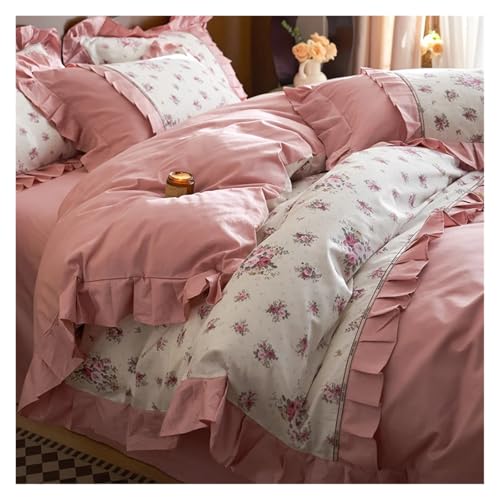 Bettwäsche mit Spitzenbesatz Bettbezug, Baumwolle Pastoral Blumendruck Rüschen Bettwäsche Set Multicolor King Queen Size Packung mit 4(Color-i,Fitted Sheet 1.8mBed) von HBALDTEDC