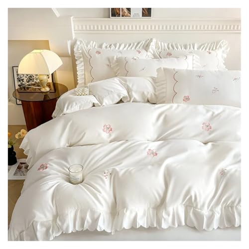 Bettwäsche mit Spitzenbesatz Bettbezug, Bettwäscheset mit bestickten Rüschen, 4-teilig, mehrfarbig, mehrere Größen(Chujian Bai,FITTED-KING 4PCS) von HBALDTEDC