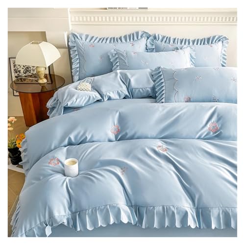 Bettwäsche mit Spitzenbesatz Bettbezug, Bettwäscheset mit bestickten Rüschen, 4-teilig, mehrfarbig, mehrere Größen(Chujian Lan,FLAT-QUEEN 4PCS) von HBALDTEDC