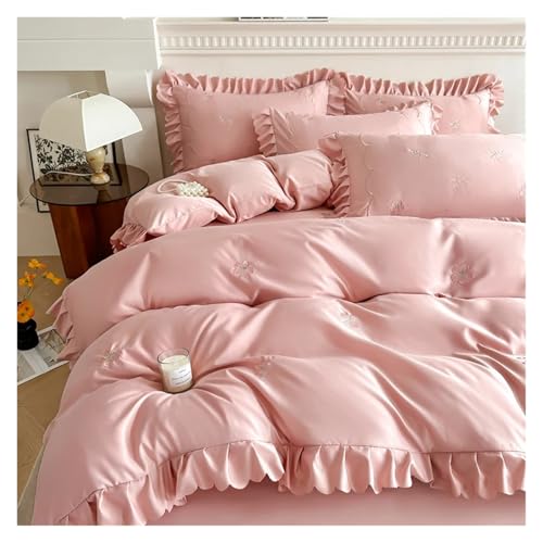 Bettwäsche mit Spitzenbesatz Bettbezug, Bettwäscheset mit bestickten Rüschen, 4-teilig, mehrfarbig, mehrere Größen(Chujian Yuhong,FITTED-QUEEN 4PCS) von HBALDTEDC
