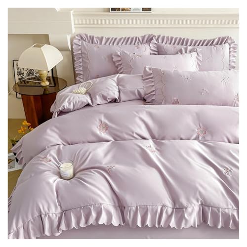 Bettwäsche mit Spitzenbesatz Bettbezug, Bettwäscheset mit bestickten Rüschen, 4-teilig, mehrfarbig, mehrere Größen(Chujian Zi,FLAT-KING 4PCS) von HBALDTEDC