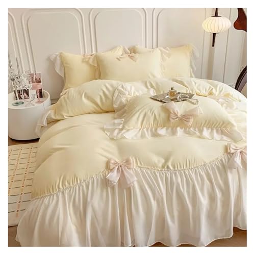 Bettwäsche mit Spitzenbesatz Bettbezug, Rüschen-Spitzen-Bettwäscheset mit Schleife, 4er-Pack, mehrfarbig, mehrere Größen(Yellow,Single150x200 3pcs) von HBALDTEDC
