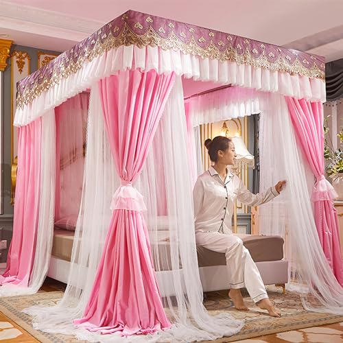 HBALDTEDC Moskitonetz Zelt Mesh Baldachin, Abdeckung， 4 Ecken Post Baldachin Bett Vorhang Doppelschicht Spitze Stickerei Multicolor Mehrere Größen(Light Pink,Double) von HBALDTEDC