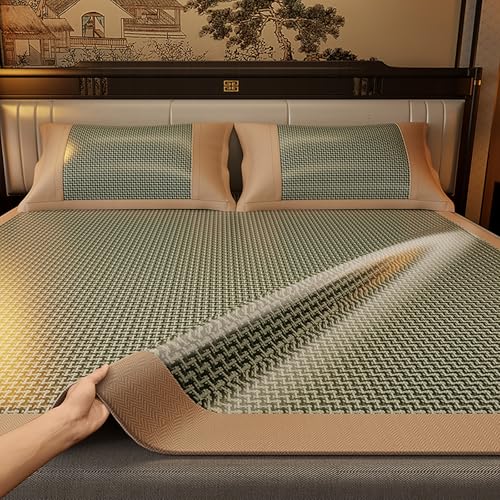 HBALDTEDC Schlafmatte Faltbare Matratzen, Zweiseitige Rattan-EIS-Seidenmatte, faltbar, mit Kissenbezug, Mehrfarbig, mehrere Größen(Green,150 * 200cm) von HBALDTEDC