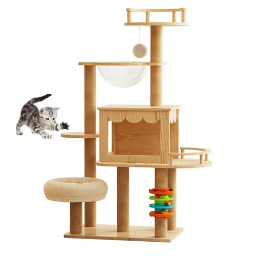 Katzenkratzbaum, Kratzbaum 60 Zoll Holzkatzenbaum-Turm-Eigentumswohnung mit Hängematten-Kratzpfosten und Spielzeug for Katzen Katzenkratzbaum, Kratzbaum 60 Zoll Holzkatzenbaum-Turm-Eigentumswohnung mit Hängematten-Kratzpfosten und Spielzeug for Katzen von HBALDTEDC