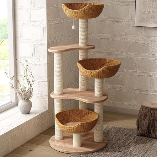 Katzenkratzbaum, Kratzbaum Kratzbaum aus Holz for große Katzen mit 3 Katzennestern, Sisal-Kratzbäumen, mehrstufigem Katzenturm von HBALDTEDC
