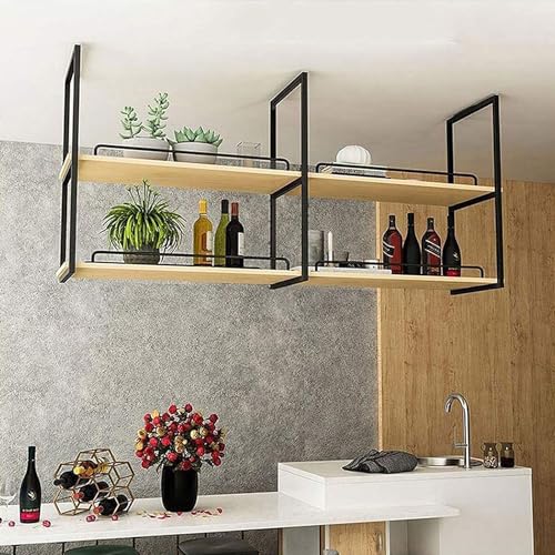Schwebende Decke Weinglasregal Regal， 2-stufiges Deckenhängegestell aus Gusseisen und Massivholz, mehrere Größen(100x30x80cm) von HBALDTEDC