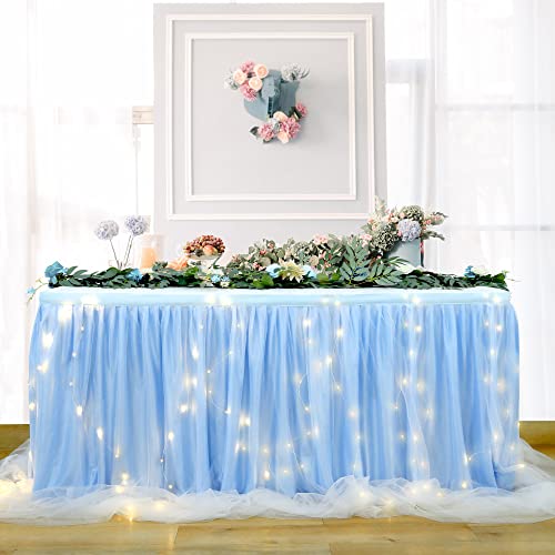 HBBMAGIC Baby Blau Tüll Tischrock Mit Licht, 2-Langer 183cm Lang Blau Rüschen Tulle Tischröcke, Waschbarer Tutu Tischrock für Hochzeit Party Geburtstag Babydusche Kuchen Dessert Taufe Tisch HBBMAGIC Baby Blau Tüll Tischrock Mit Licht, 2-Langer 183cm Lang Blau Rüschen Tulle Tischröcke, Waschbarer Tutu Tischrock für Hochzeit Party Geburtstag Babydusche Kuchen Dessert Taufe Tisch von HBBMAGIC