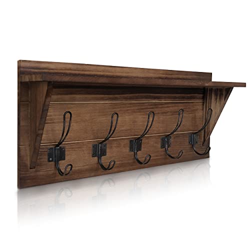 HBCY Creations Rustikale Wandgarderobe Regal - Holz Land-Art-24 Entryway Regal mit 5 Rustic Hooks - massivem Kiefernholz. Braun von HBCY Creations