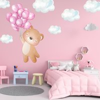 Teddybär Mit Rosa Luftballons Wandsticker Und Wolken, Kinderzimmer Wandaufkleber, Wolken Bär Spielzimmer von HBDesignsAndStickers