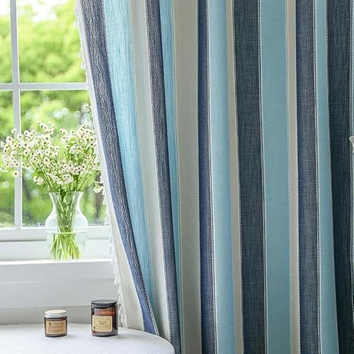 HBKUHIUT 160–260 cm rosa-grün gestreifte Wohnzimmervorhänge mit Ösen aus Baumwollleinen, halbtransparente Vorhänge für Zuhause – 135 cm x Höhe 200 cm – Streifen dunkelblau und Spitze HBKUHIUT 160–260 cm rosa-grün gestreifte Wohnzimmervorhänge mit Ösen aus Baumwollleinen, halbtransparente Vorhänge für Zuhause – 135 cm x Höhe 200 cm – Streifen dunkelblau und Spitze von HBKUHIUT