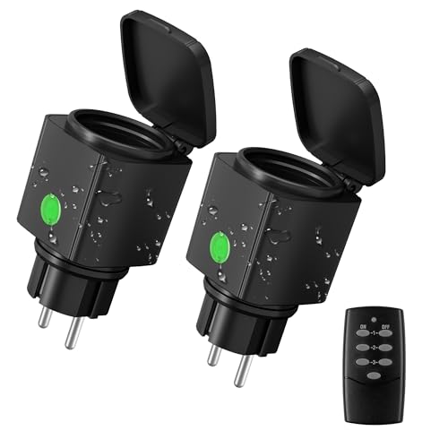 HBN Funksteckdosen mit fernbedienung Aussen, IP44 Wasserdicht Funkschalter Set - 2er Steckdosen mit Fernbedienung für Außenbereich, Garten, Terrasse, Balkon, Lichterkette, 3680W Schwarz von HBN