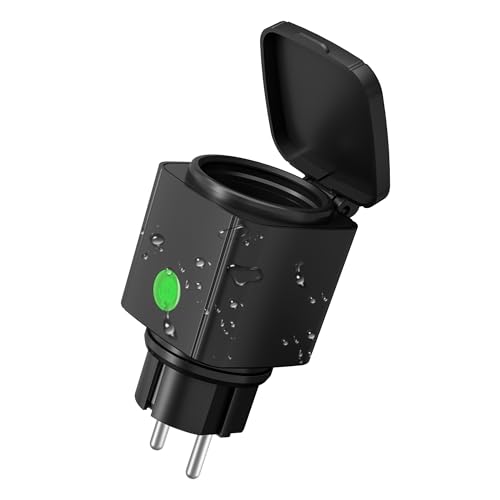 HBN WLAN Steckdose Outdoor 16A, Smart Home Zeitschaltuhr Aussenbereich mit App Steuerung, Sprachsteuerung, IP44 Alexa Außensteckdose, kompatibel mit Alexa & Google Home 2,4GHz, Schwarz von HBN