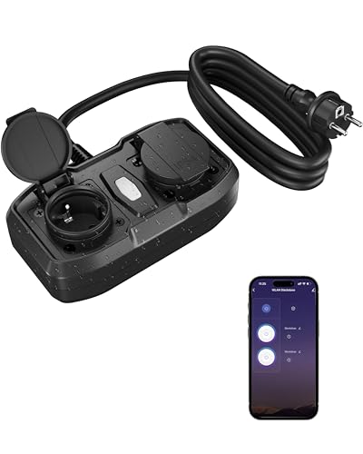 HBN WLAN Steckdose Outdoor mit 2 Ausgänge, 16A 3600W Smart Außensteckdose, IP54 Wasserdicht, Wifi Doppelsteckdose Außen, Kompatibel mit Alexa und Google Assistant, 1,5m Kabel von HBN