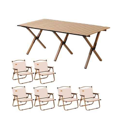 HBOOMOEM Camping Set Mit Tisch & KlappstüHlen，Robuster Tisch Und StüHle Im Freien Set，Leicht Und Einfach Zu Tragen, Geeignet for Gartenarbeit, Angeln, Festivals Usw.(Wood,150CM+6 Chairs) von HBOOMOEM