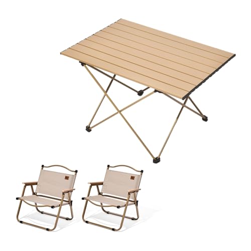 HBOOMOEM Camping Tisch Stuhl Set Camping，Faltbares Campingtisch Set Mit Stuhl，Leicht Und Einfach Zu Tragen, Geeignet FüR Picknicks, Wandern, Angeln, Reisen Und Grillen.(Wood,56CM+2 Chairs) von HBOOMOEM
